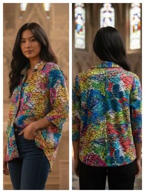 Sno Skins Sz Medium 8 10 Shirt Top Blouse Art to Wear Mosaic Stained Glass CHIC